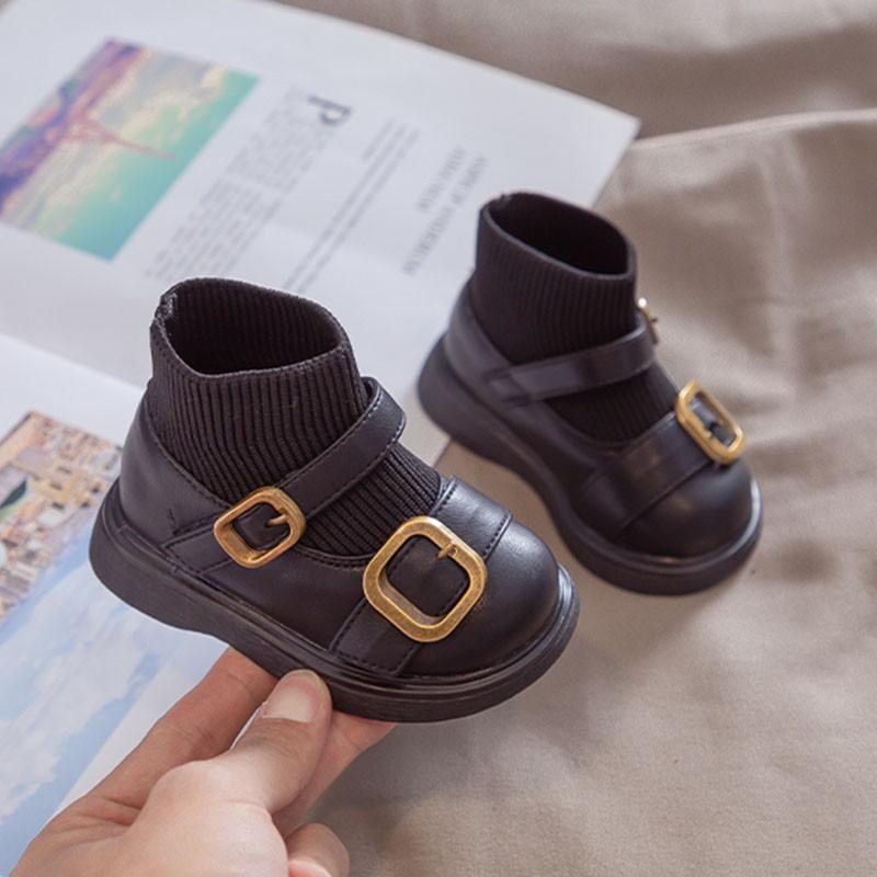Kids Beige Knitted Sock Cuff Buckle Ankle Boots