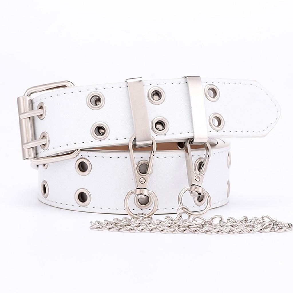 Double Grommet Belt with Chain PU Leather 2 Hole Grommet Fadeproof Stylish Chain Decoration Waist Belt White Free Size