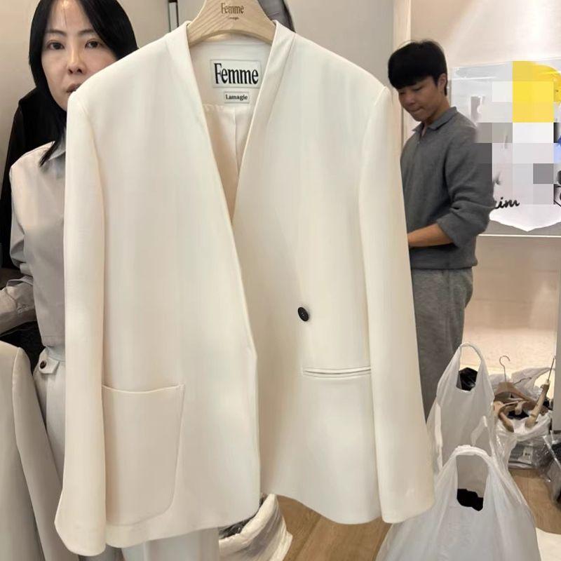 

2025 Весна Новое поступление K-стиль Свободный пиджак Женский Элегантный Нарядный V-образный вырез Популярный Универсальный Пиджак Топы Beige White L