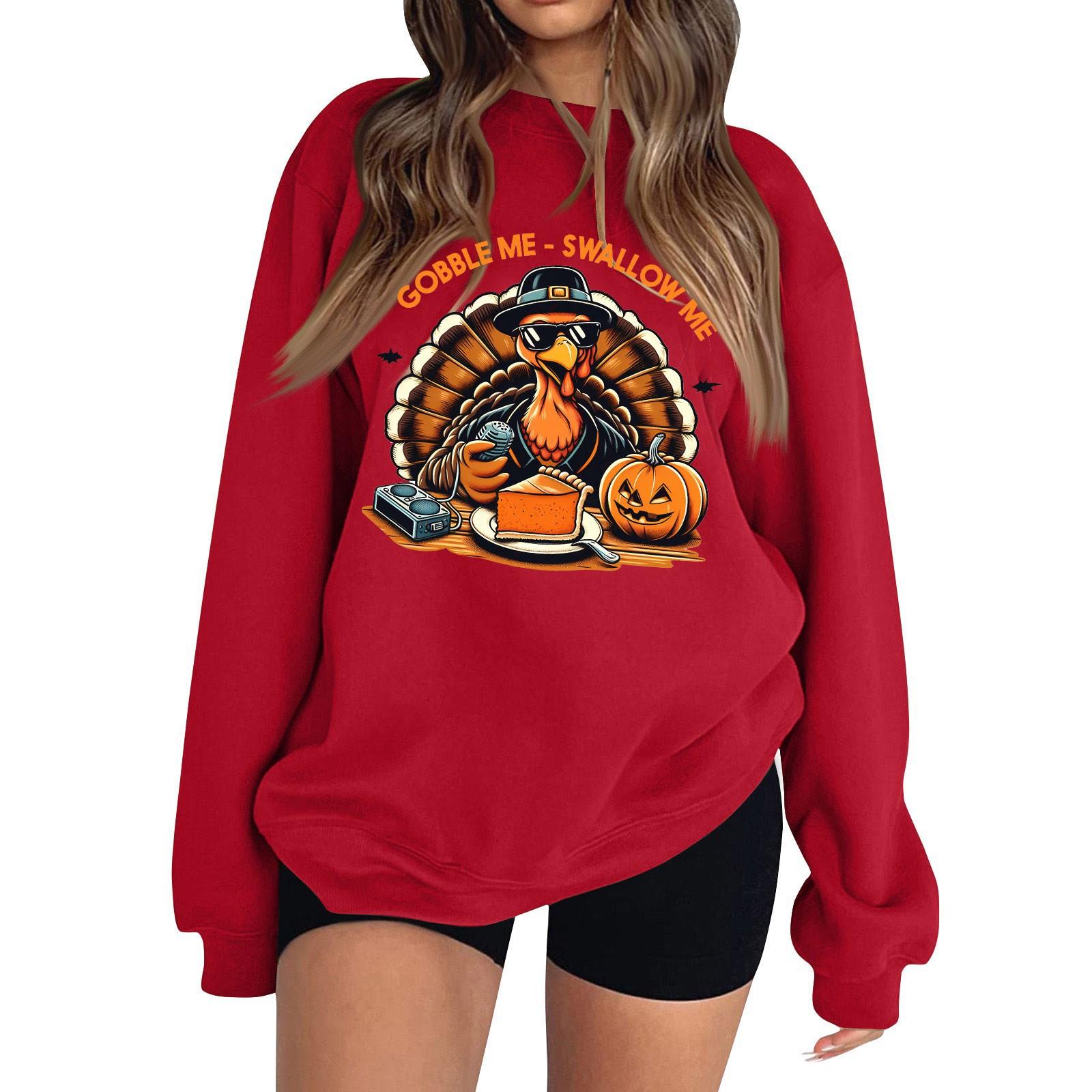 

Женская мода с длинным рукавом и круглым вырезом с принтом ко Дню благодарения, свитшот XL красный