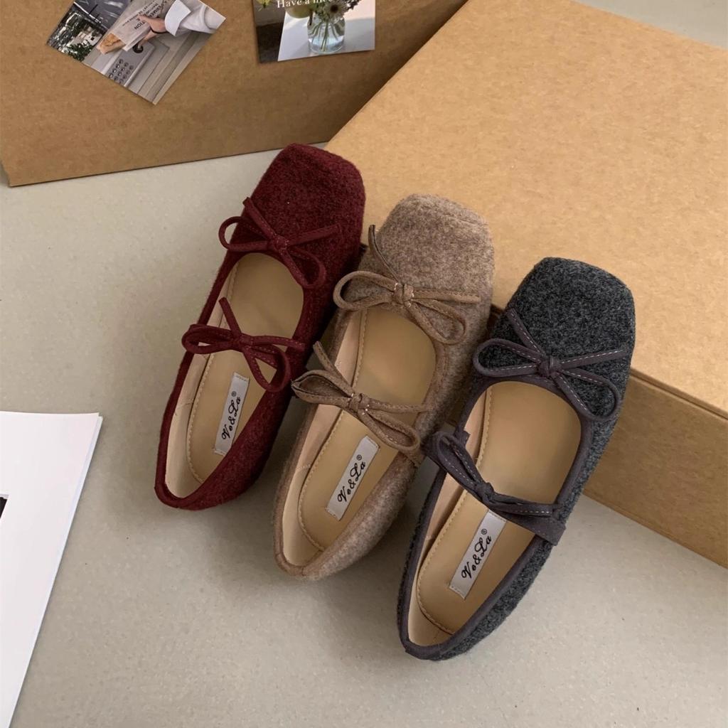 Version coréenne de chaussures en laine à nœud en laine à bout carré pour femmes printemps et hiver 2025 nouvelles chaussures Mary Jane polyvalentes à bouche peu profonde en velours
