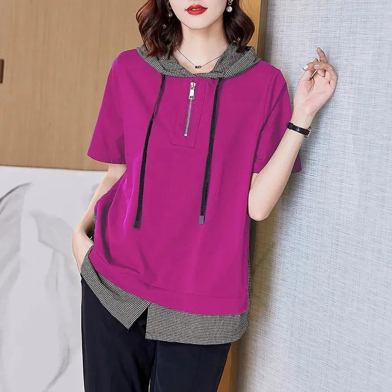 Pure Cotton Large Size Women's Short-sleeved Summer High-end Loose Hooded Cotton Top