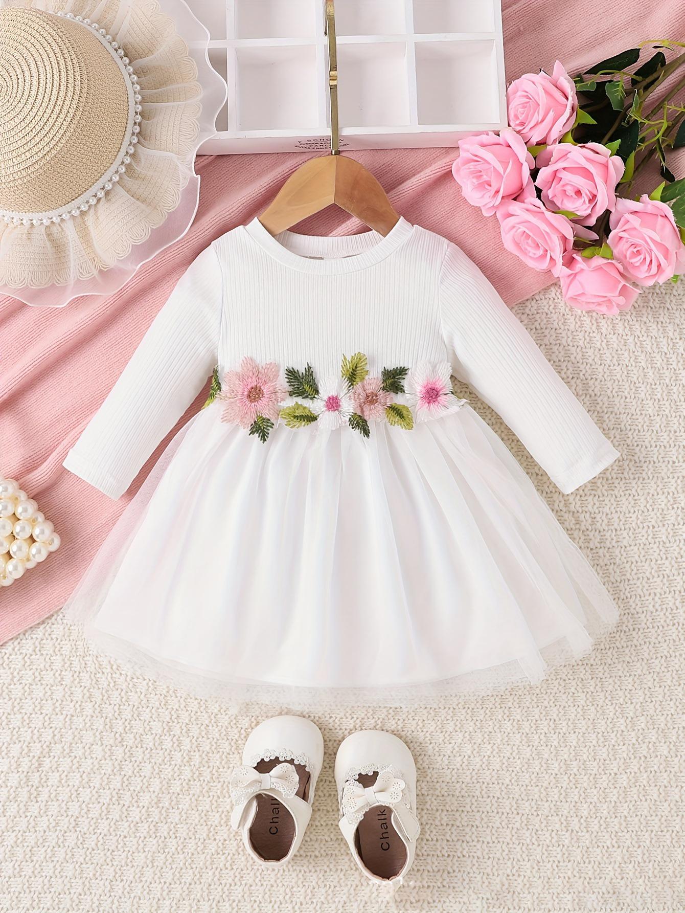 Girls White Floral Tulle Dress Kids Wedding Party Flower Girl Dress 6-9M белый