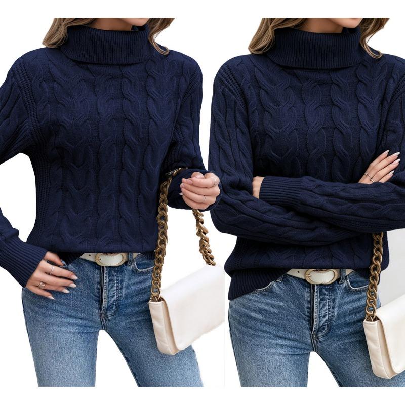 Women S Solid Twist Knit High Neck Long Sleeve Sweater