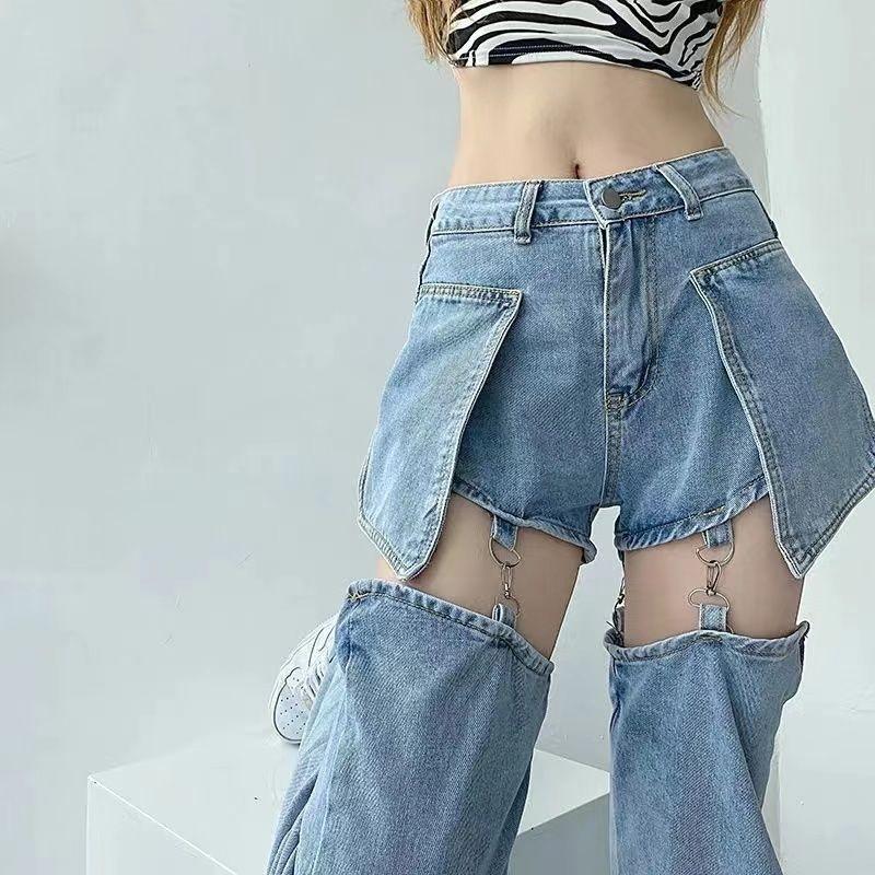 High Waist Ripped Denim Jeans for Women Summer Thin Removable Two Piece Design Straight Leg Trendy Pants