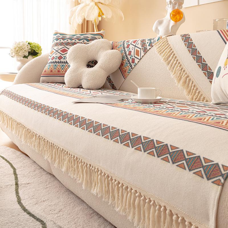 Cotton And Linen Sofa Cushion, Universal Non-Slip Seat Cushion For All Seasons, Old Coarse Cloth, Ethnic Style Fringed Sofa Cover Cover Cloth