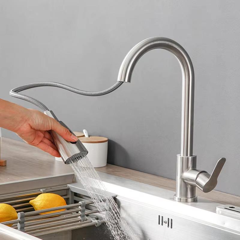Stainless Steel Pull-Out Kitchen Faucet, Hot and Cold Water Dual-Use, Splash-Proof, Fast Heating, Household Washbasin Faucet
