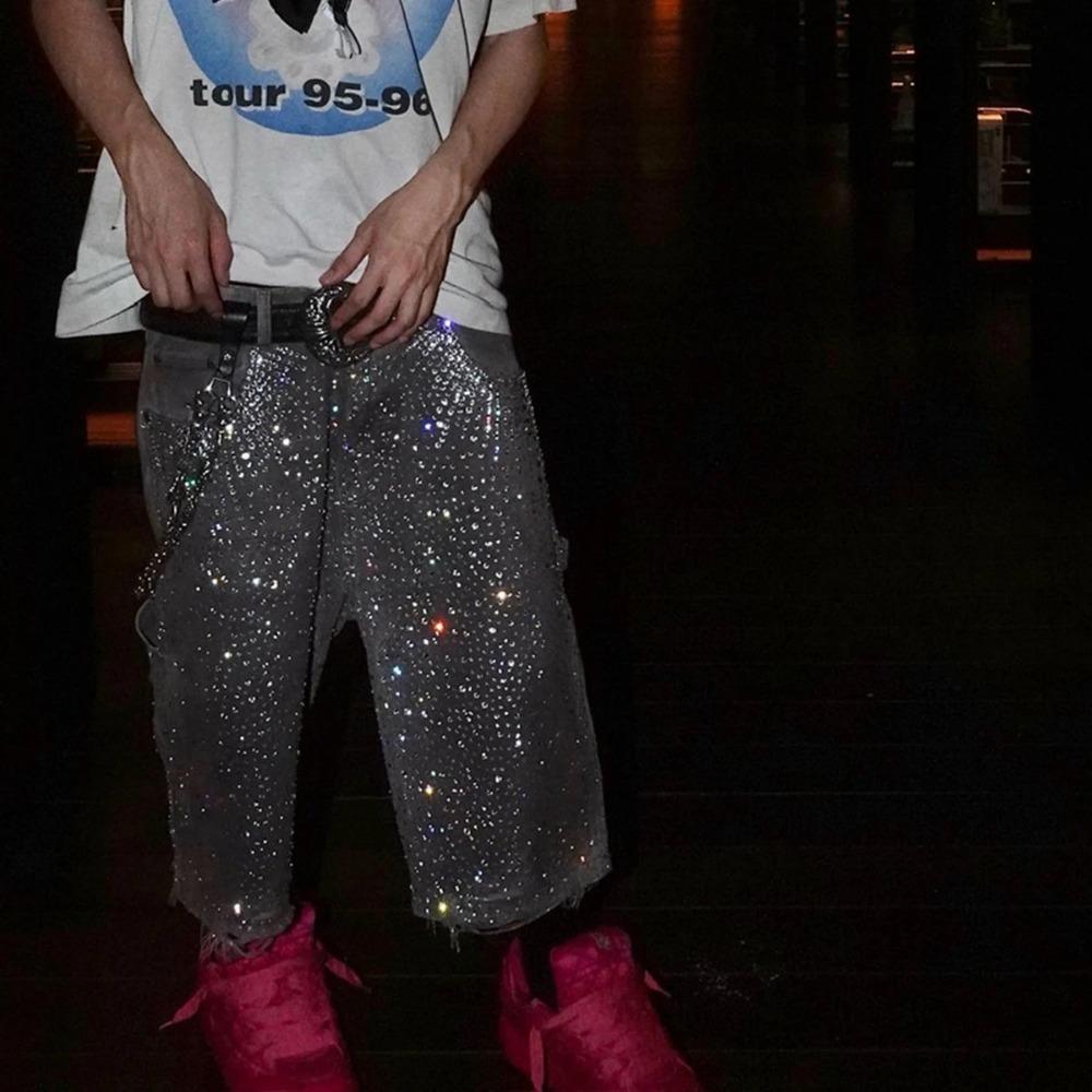 Streetwearové volné džínové šortky s celoplošným potiskem z kamínků pro muže, s roztrhanými dírami, prané, krátké, ležérní, volné, pětikapsové