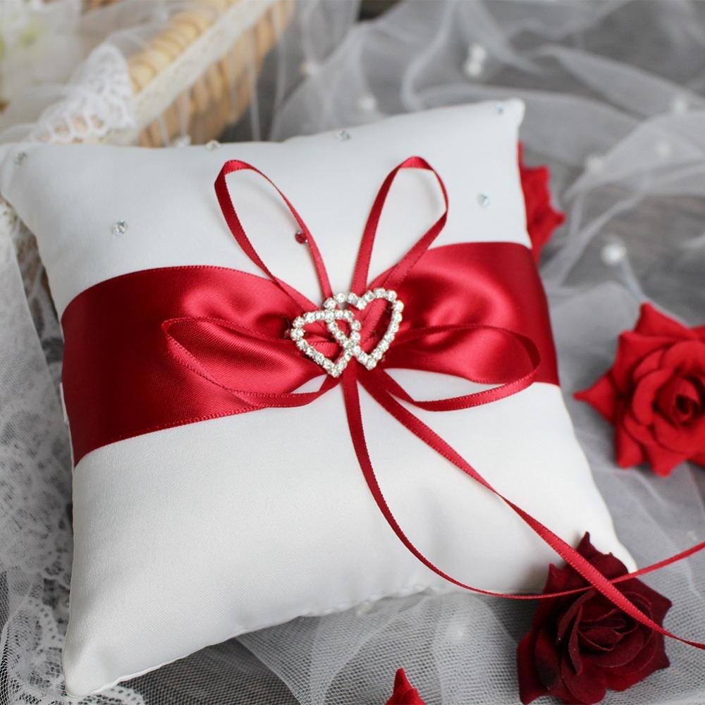European Double Heart Ring Bearer Pillow Bowknot Ribbon Cushion  Home Wedding Bridal