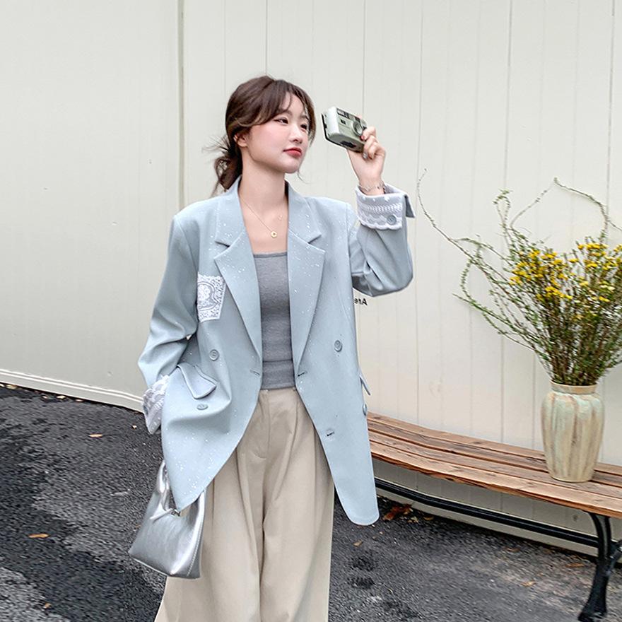 Pink Lace Splicing Blazer Women's Spring and Autumn New Explosive Super Fire Suit Unique and Beautiful Design Sense