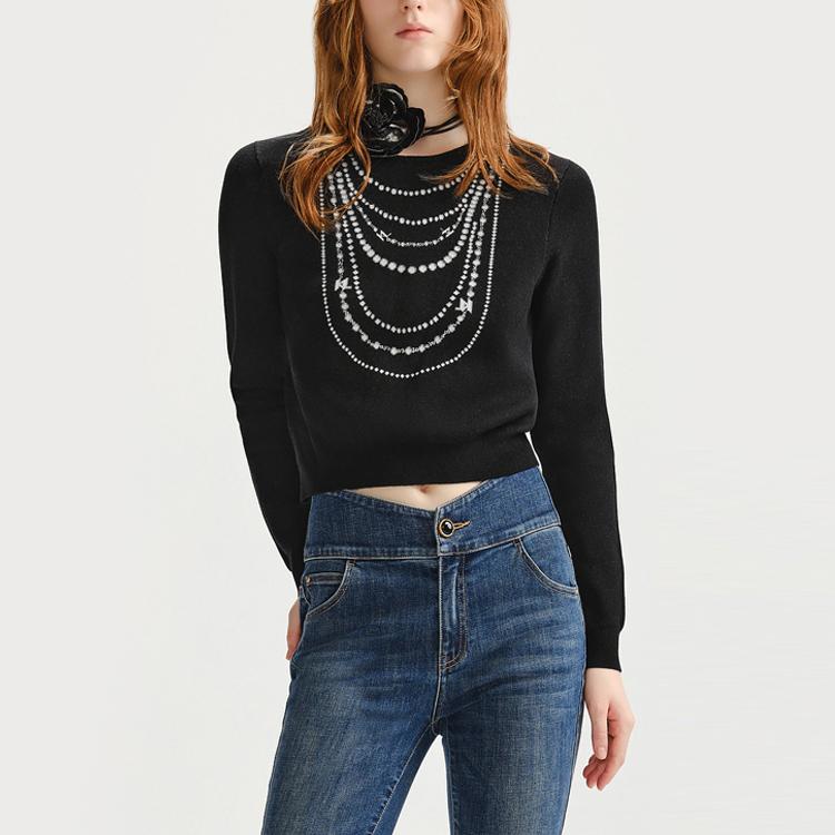 Karl Lagerfeld Casual Outdoor Commuter Lightweight Luxury Chain Jacquard Round Neck Loose Fit Long Sleeve Knit Sweater Women Sweater Black 236L2025