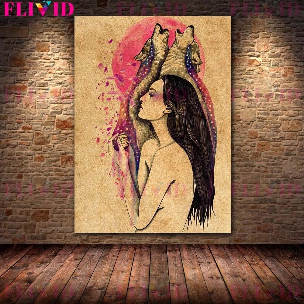 Wolf Woman And And Moon Wicca Vintage Wall Art Canvas Painting Daughters Of The Moon Art Poster And Print Home Decor No Frame
