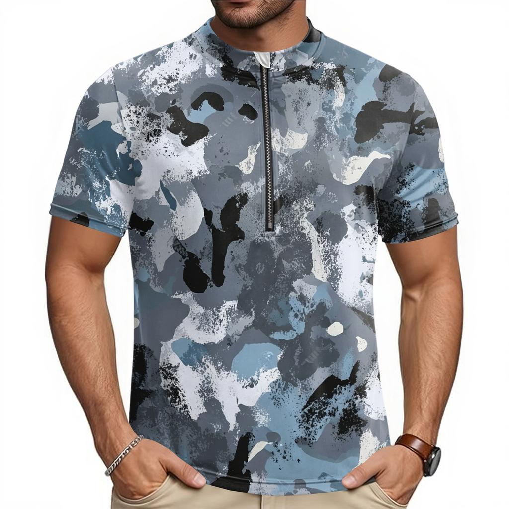 Men's Short Sleeve Cycling Jersey Breathable Quick Dry Half Zip Round Neck Printed Sports Shirt Lightweight Performance Top for Biking