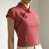 Retro Red Grid Small Fresh Women's Summer Stand Up Collar Buckle Short Sleeved Slim Fit T-shirt
