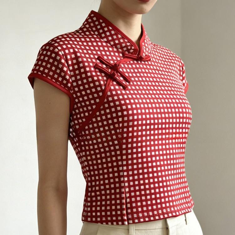 Retro Red Grid Small Fresh Women's Summer Stand Up Collar Buckle Short Sleeved Slim Fit T-shirt