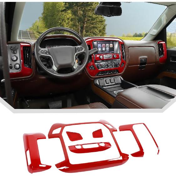 JeCar 6pcs Chrome Dash Bezel Cover Trim for 2014-2017 Chevy Silverado GMC Sierra Silver Interior Accessories красный