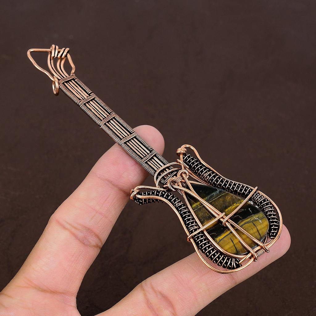 Natural Tiger Eye Gemstone Handmade Copper Wire Wrap Guitar Pendant 4.53" C3v28
