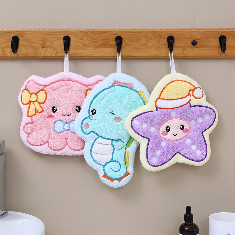 Cartoon marine animal hanging hand towel absorbent quick-drying thickened children's coral fleece soft cute octopus towel