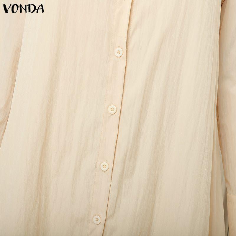 VONDA Women Elegant Lapel Neck Long Sleeve Baggy Pleated Casual Long Shirts Dress