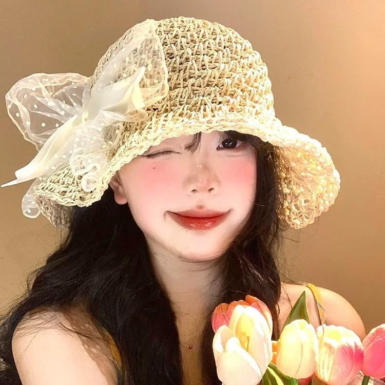 Butterfly Knot Lace Sun Hat For Women Summer Beach Sun Protection Foldable Wide Brim Fashion Accessory