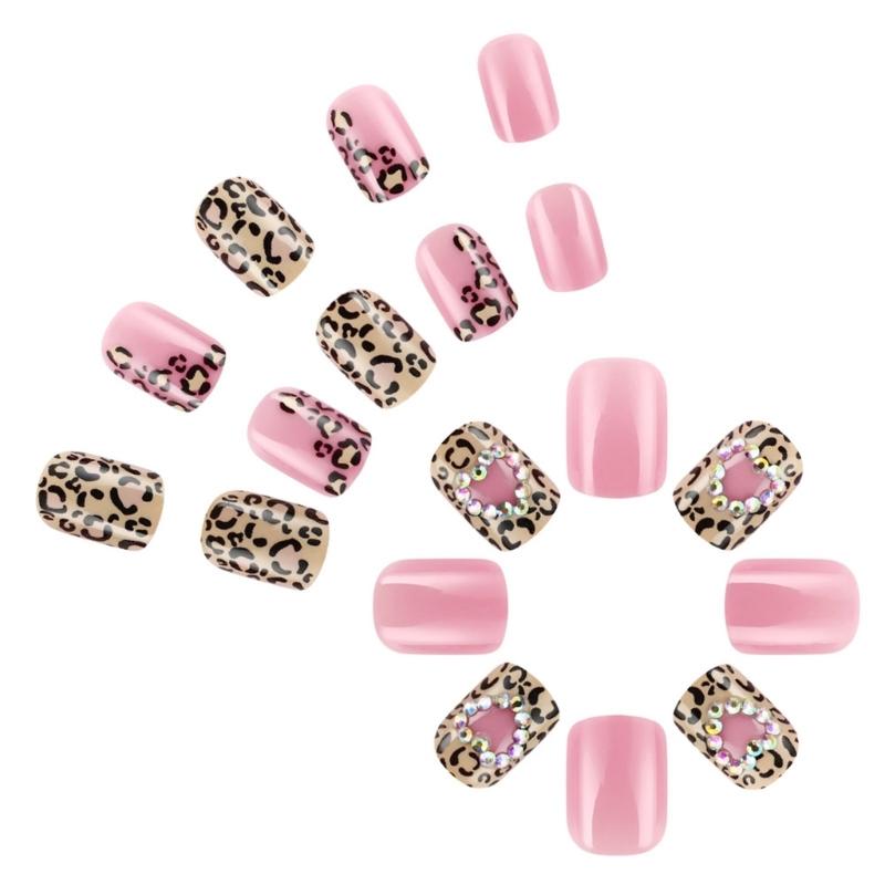 24 Pcs False Nail with Rhinestones Valentines Day Press On Nail Leopard Heart Acrylic Nail Full Cover Stick On Nail