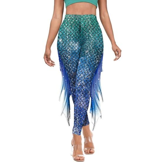 Women Leggings Slim Fit High Waist Mermaid Print 3D Gradient Fish Scale Pattern Side Fishtail Detail Yoga Pants Daily Wear