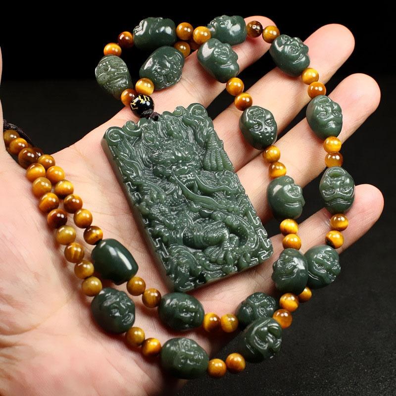 Natural Hetian Jade Dragon Pendant Necklace, Green Qing Jade Carved Beast Totem Amulet, Chinese Style Jade Plaque for Men Women 1set