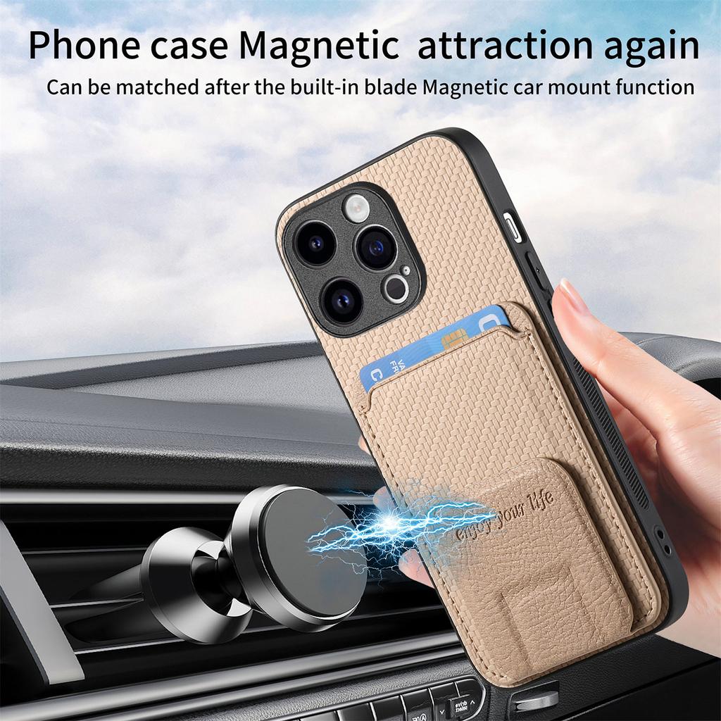 Foldable Bracket Carbon Fibre Vertical Cards Bag Case for iPhone 15 Pro Max 14 Plus 13 12 Mini 11 X XS 7 8 SE 2022 Pocket Cover