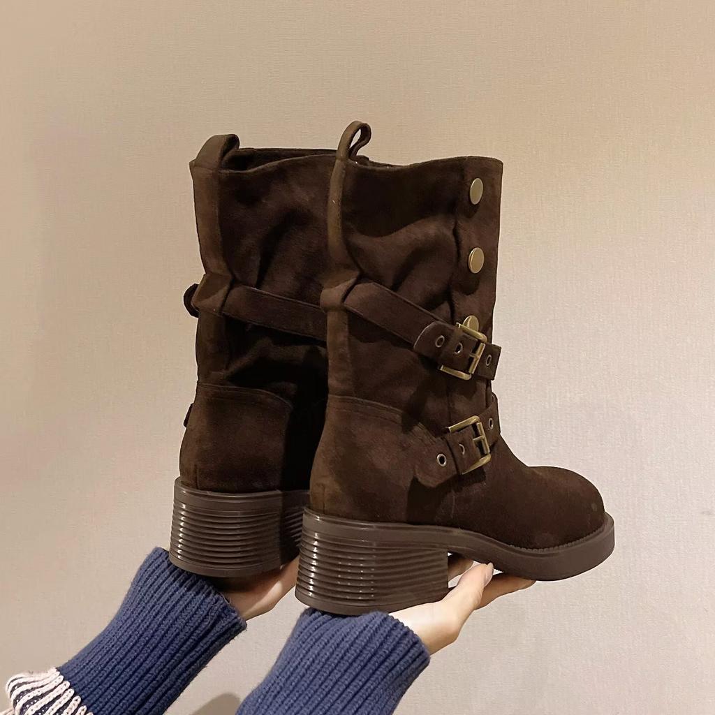 Women's Fashion Thick Heel Single Boots Spring New Square Head Sleeve Rivets Metal Buckle Anti-slip Wear-resistant High Boots