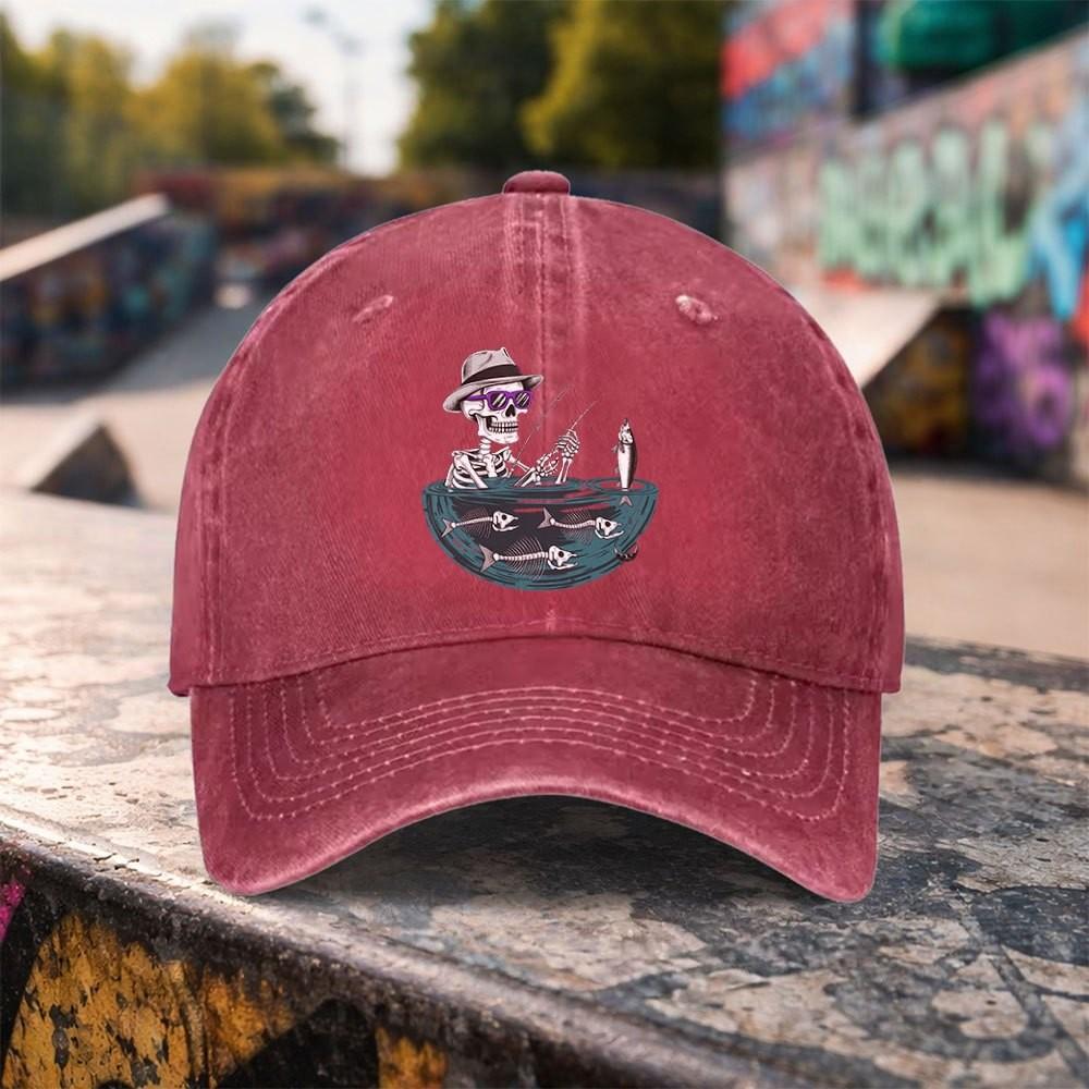 Skeleton Fishing Pocket Graphic Washed Baseball Cap Unisex Casual Outdoor Adjustable Duckbill Hat
