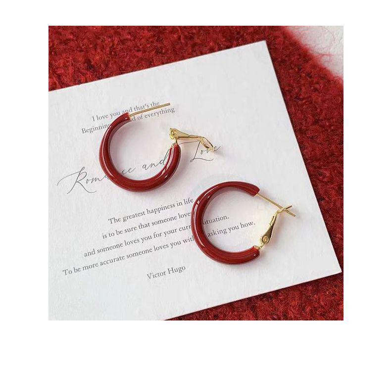 Angkor Red Small Hoop Earrings: Retro Design, 925 Silver Needle