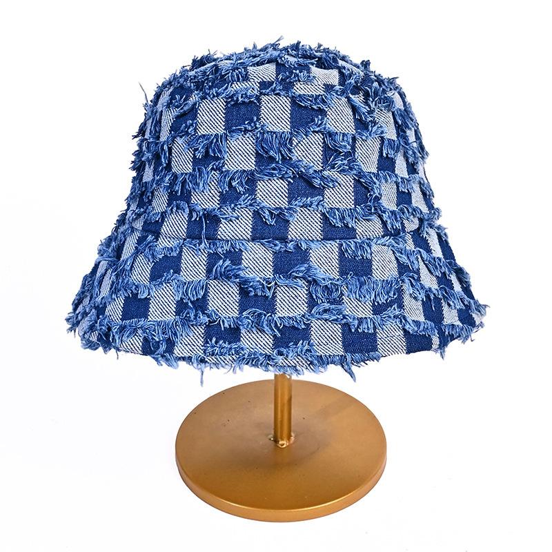 

Spring and autumn hat women s rough edge cowboy hat checkerboard bucket hat versatile face small sunshade basin hat One Size