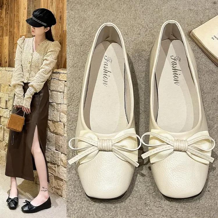 Shoes Woman 2025 Female Footwear All-Match Shallow Mouth Bow-Knot Casual Sneaker Square Toe Slip-on New Summer Comfortable