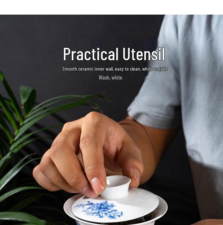 Chaozhou Blue and White Porcelain Gongfu Tea Set: Gaiwan, Mini Tea Cup, and Bowl