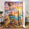 Lighthouse In Bottle with Beach Sunset Design Flannel Blanket for Bedroom, Living Room, Sofa, and Nap