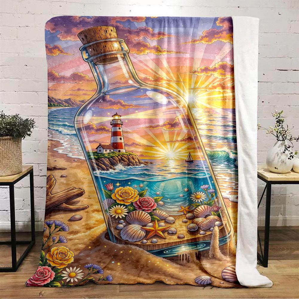 Lighthouse In Bottle with Beach Sunset Design Flannel Blanket for Bedroom, Living Room, Sofa, and Nap