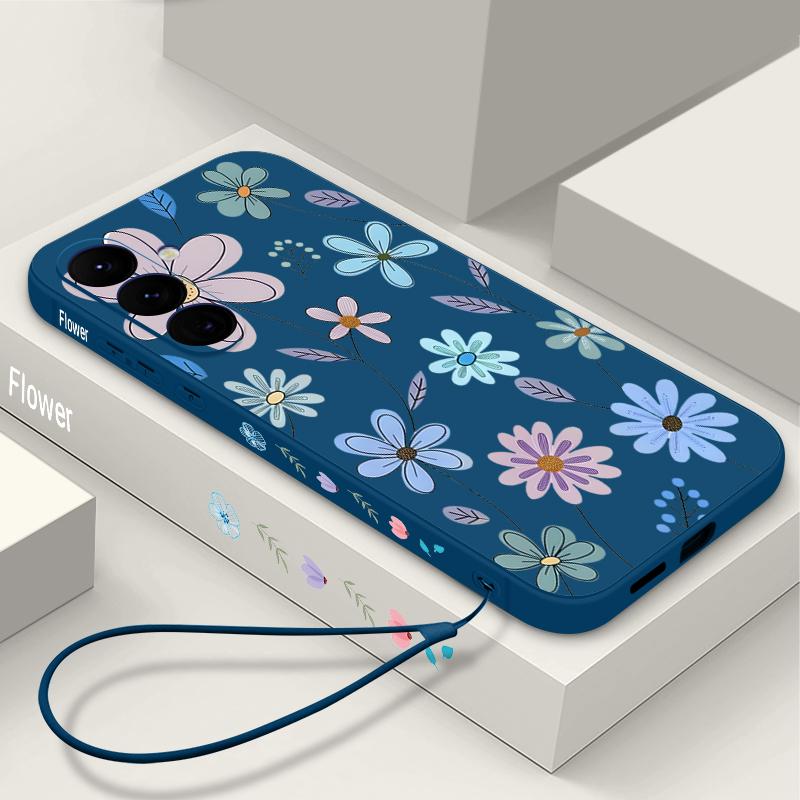 Retro Flower Pattern Phone Case for Samsung Galaxy A57 A17 A56 A16 A55 A15 A36 S25 FE S26 S24 S23 S22 Ultra Soft Lanyard Cover