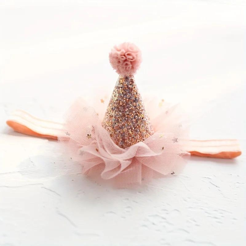 1PC Sparkling Sequin Party Hat with Pink Tulle Bow & Floral Decor, Polyester Celebration Headwear for Birthday Photoshoot Events