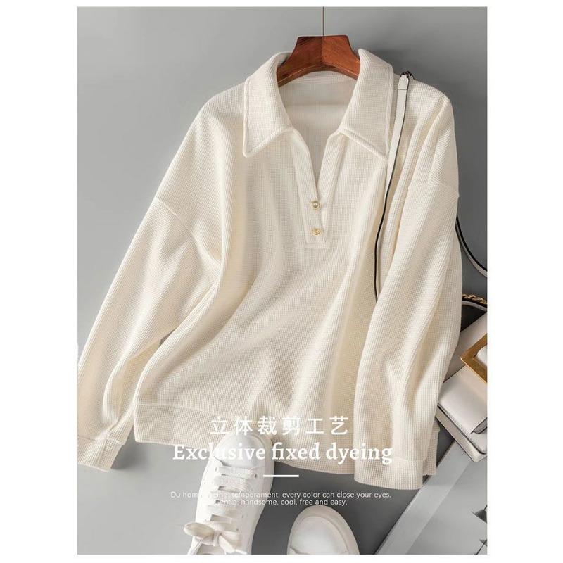 Spring Autumn Waffler Polo V-neck Loose Casual Sweatshirt Women Long Sleeve Solid Simple All-match Pullover Top