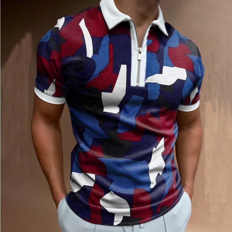 Pánská polokošile na zip s 3D potiskem, business casual košile s krátkým rukávem