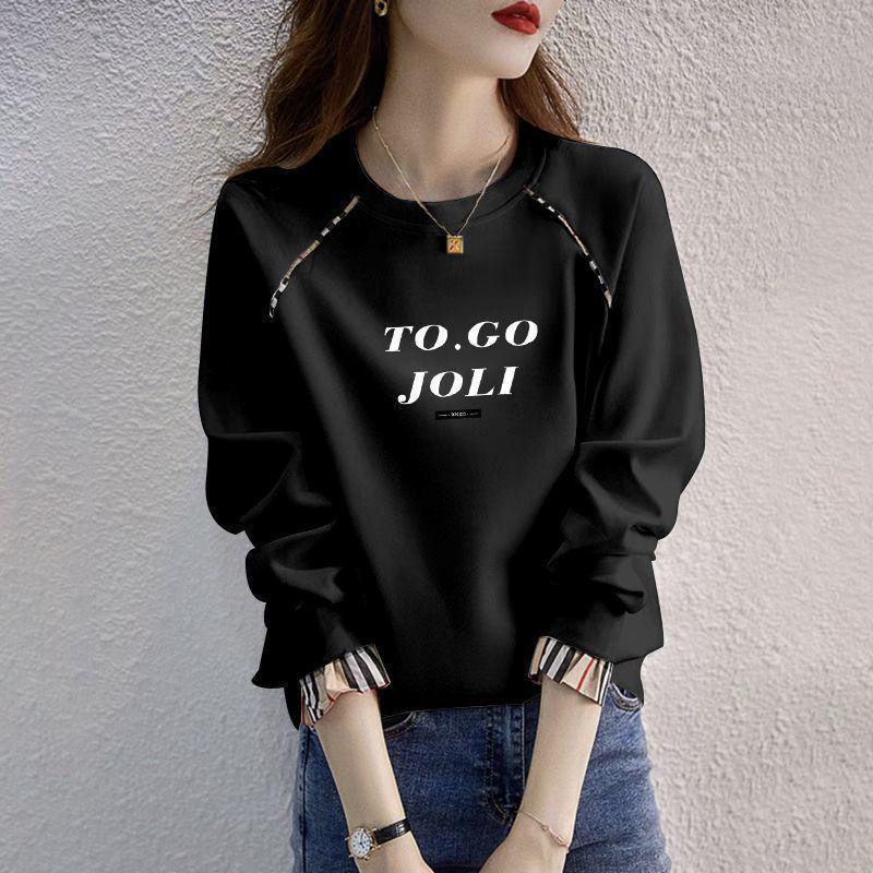 Women's Loose Fit Cotton Pullover - Korean Style, Long Sleeve, Round Neck, Fake Two-Piece, 2025 Spring/Autumn Collection