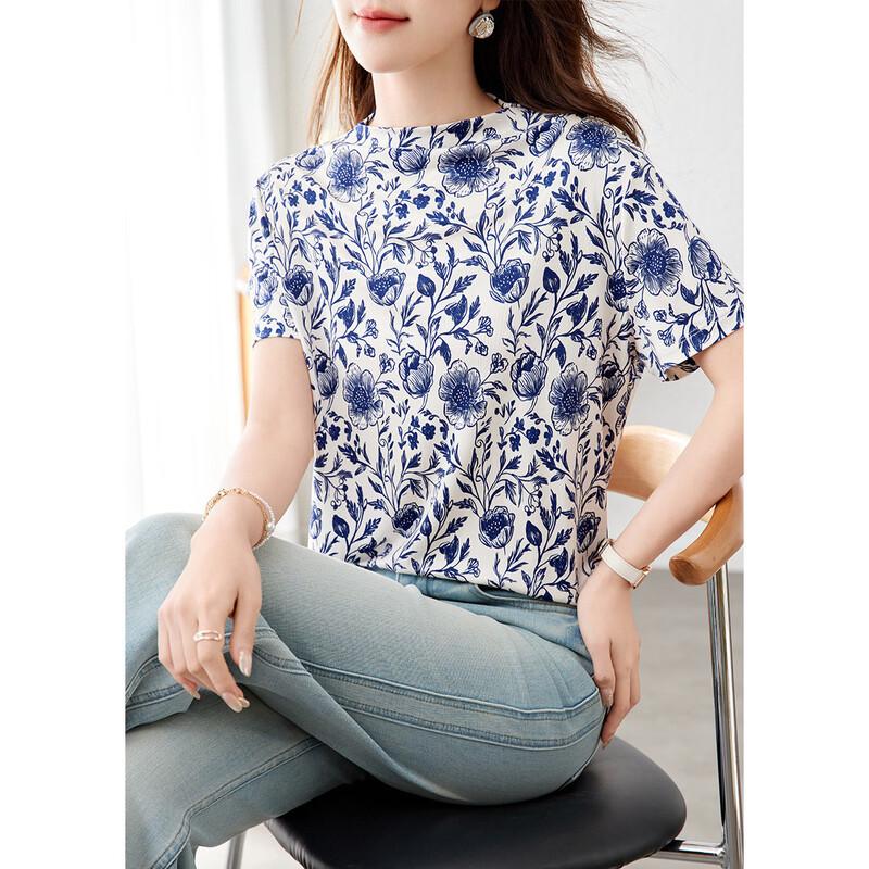 Srcr Women's 100% Mulberry Silk Double-Sided Floral Print T-Shirt
