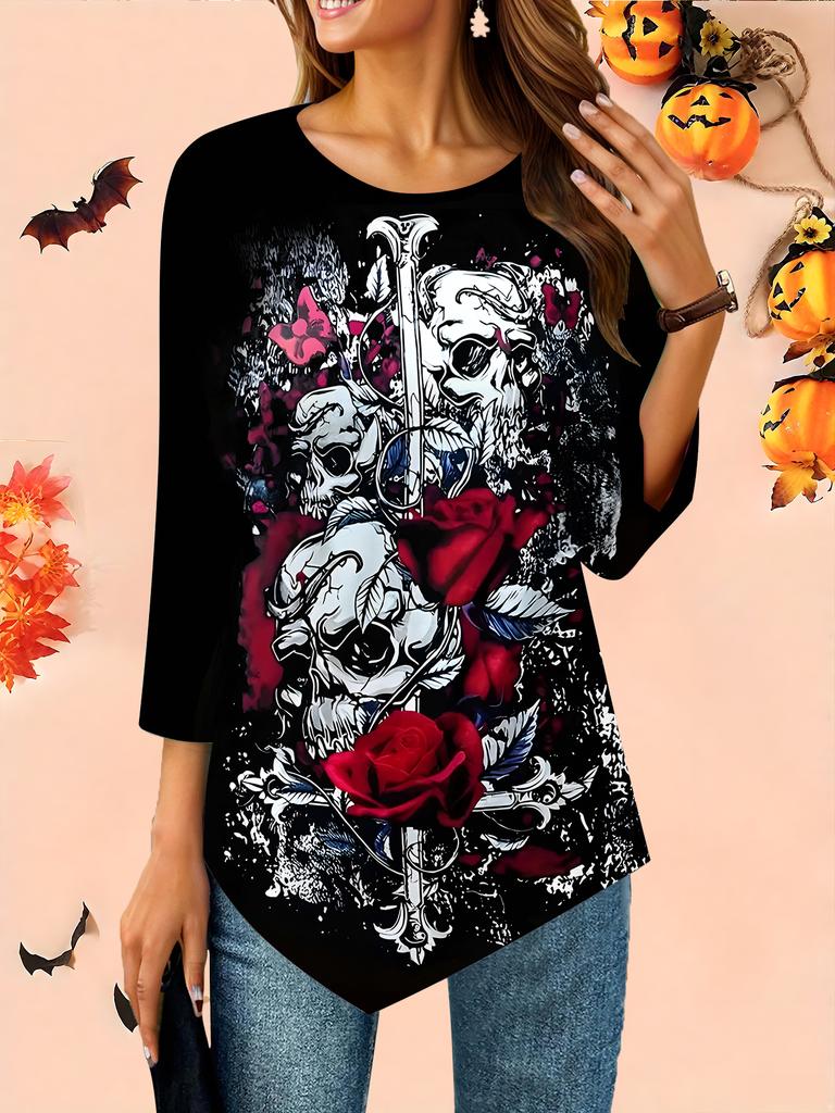 Dámské volné tričko s kulatým výstřihem a tříčtvrtečním rukávem s 3D halloweenským vzorem Ideální halloweenský a vánoční dárek