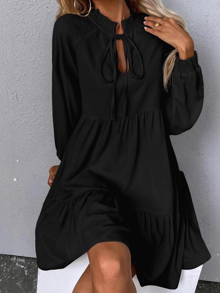 Shi Ying Women's Solid Color Autumn Midi Dress - Long Sleeve, Drawstring, Pointed Collar, Loose Fit