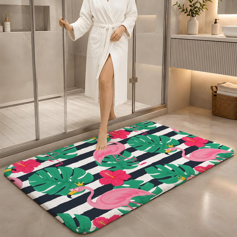 Cabana Stripe Flamingo Floor Mat Machine Washable Soft Flannel Area Rug, Non-Slip Absorbent Floor Mat for Living Room Bedroom