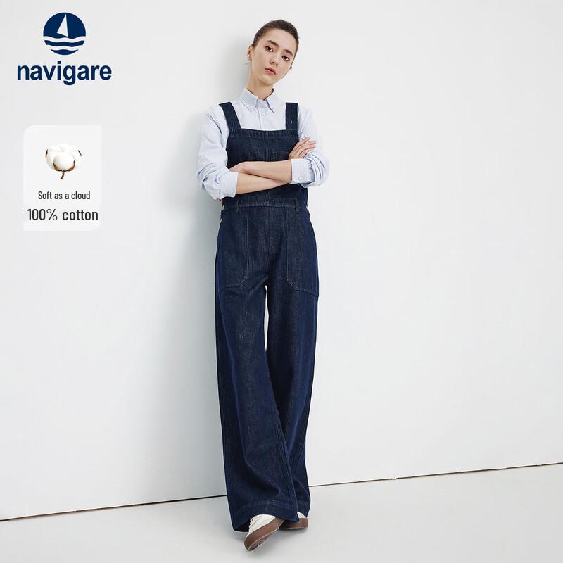Navigare Women's Washed Cotton Straight-Leg Denim Overalls