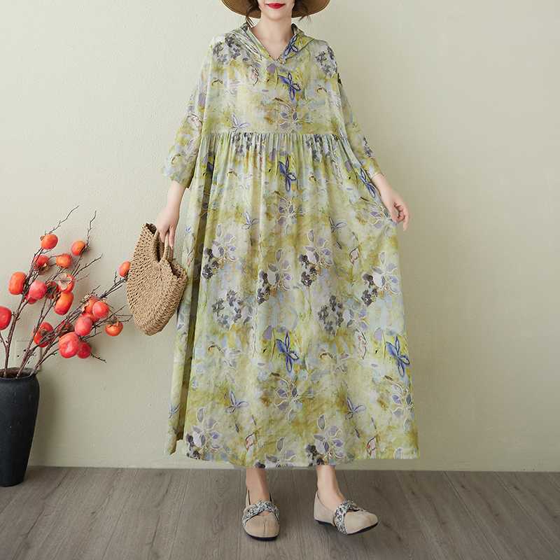 Retro Niche Gentle Wind Yarn Cotton Linen Printed Dress