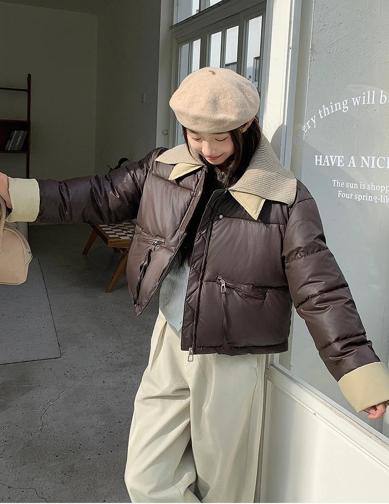Knitted Lapel Short Down Jacket Women's Winter Thickened PU Leather Stitching Jacket