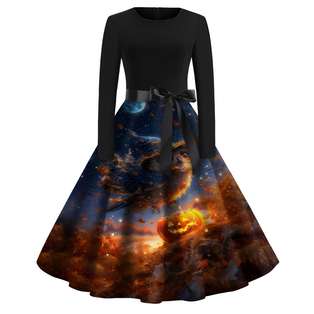 Dámské módní šaty s V-výstřihem, ležérního střihu, slim fit, s halloweenským potiskem, s dlouhým rukávem