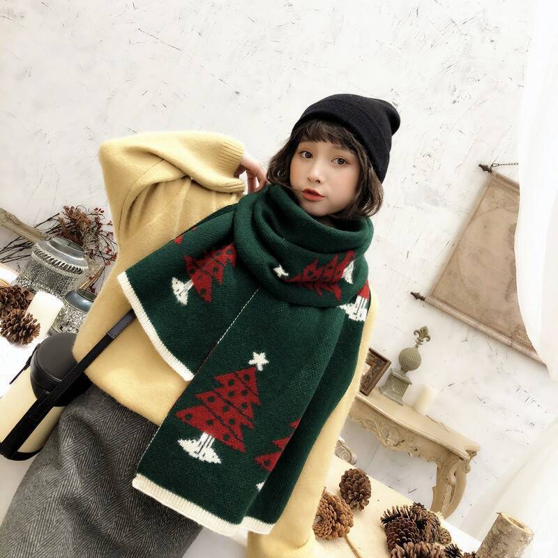 Christmas elk knitted wool scarf women's winter warm red scarf Korean version versatile Japanese scarf